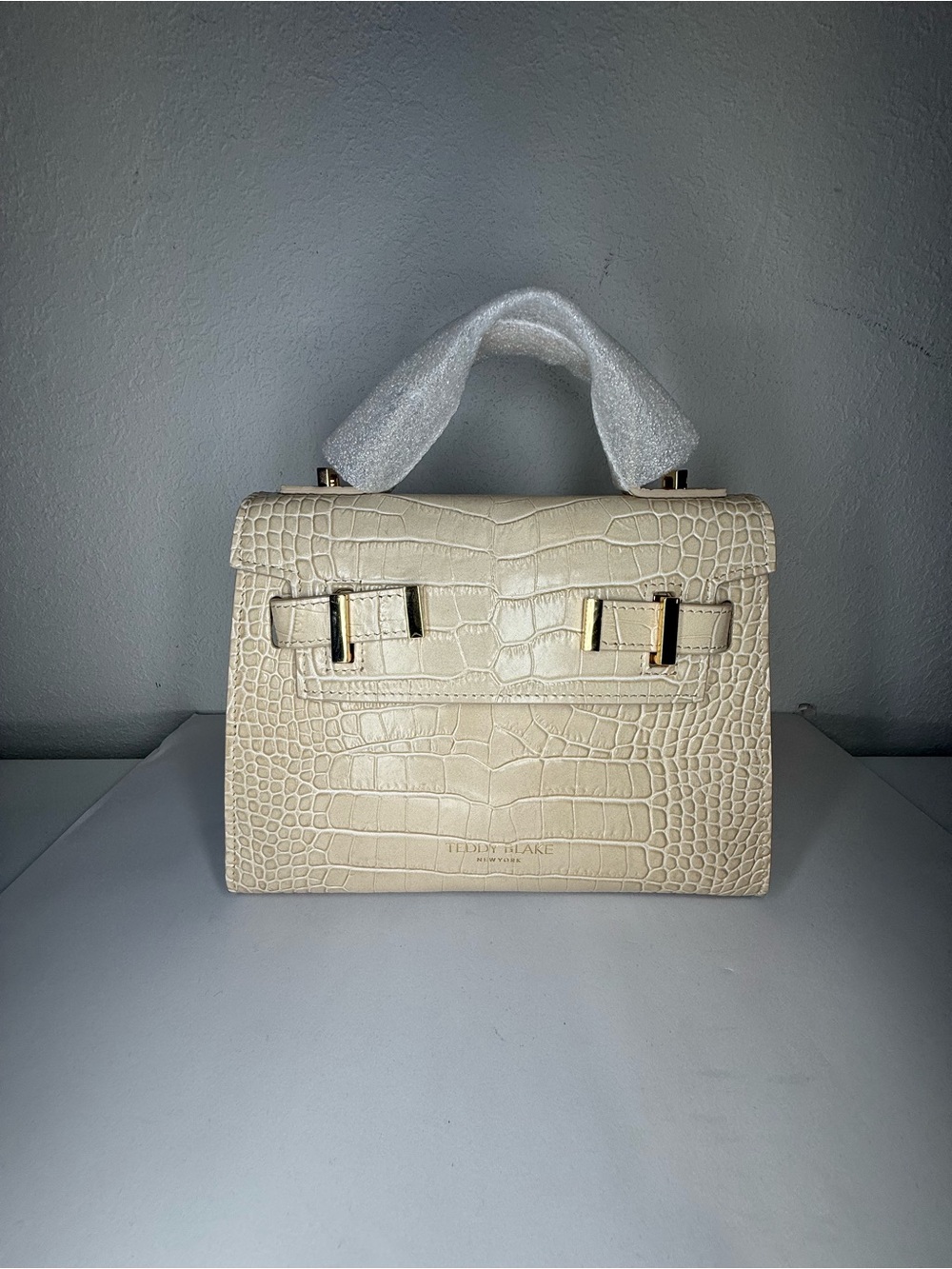 Teddy Blake Ava Croco 9 Cream Italian Leather Handbag Gold Crossbody Satchel